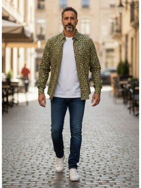 Express Slim Fit Green Floral Button-Down Shirt Mens M Cotton Blend Long Sleeve